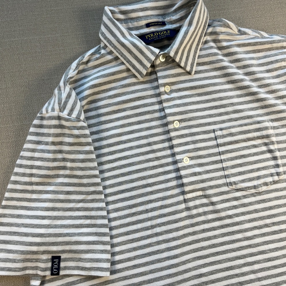 Polo‎ Golf Ralph Lauren Mens Grey White Striped Pima Cotton Polo Shirt Medium